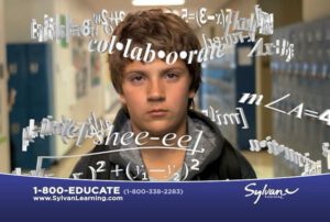 boy with words swirling around his head