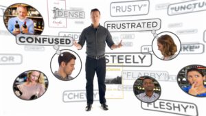 man stands in front of words